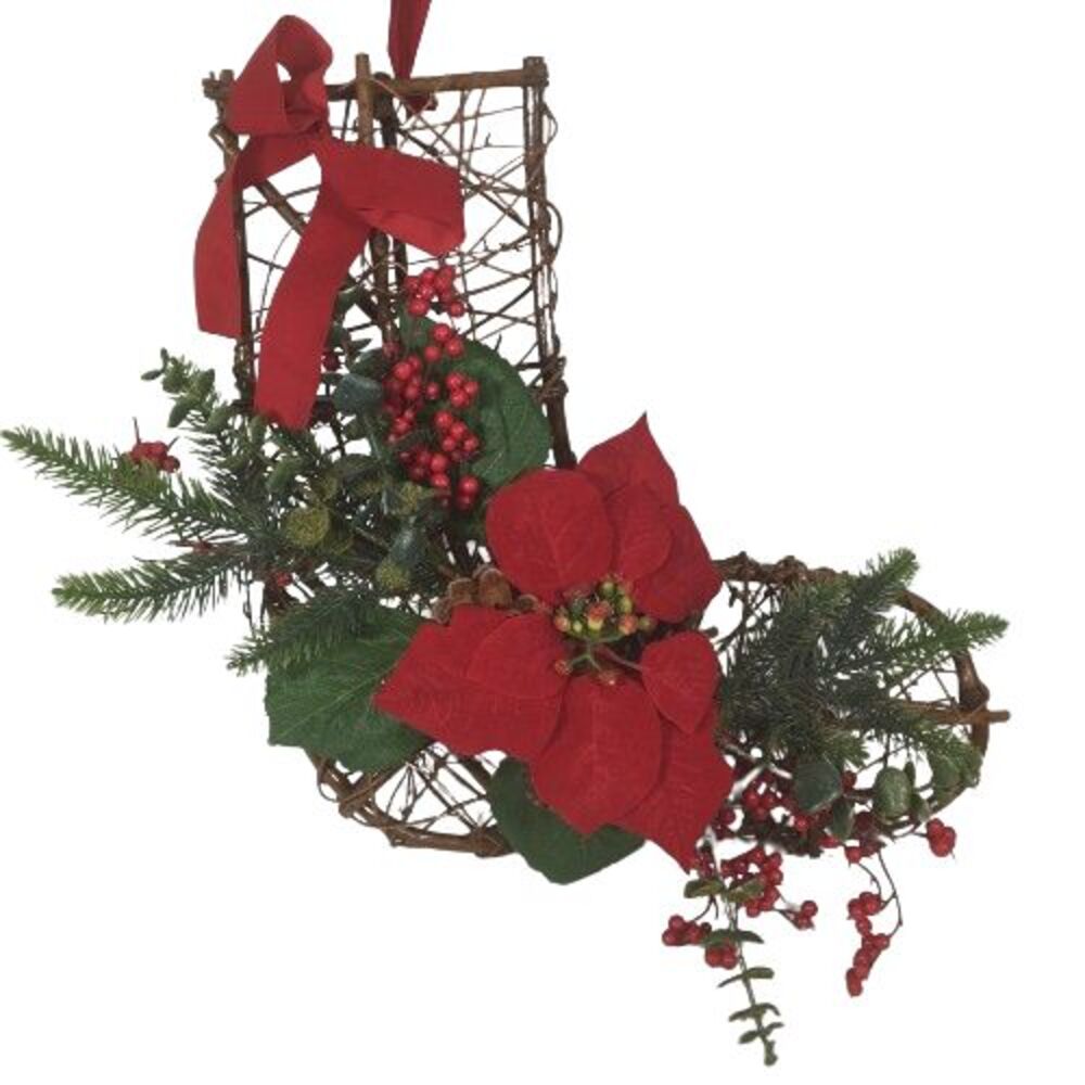 VTG Christmas Wicker Wood Stocking Wall Door Hanging Decor Poinsettia's 1980's
